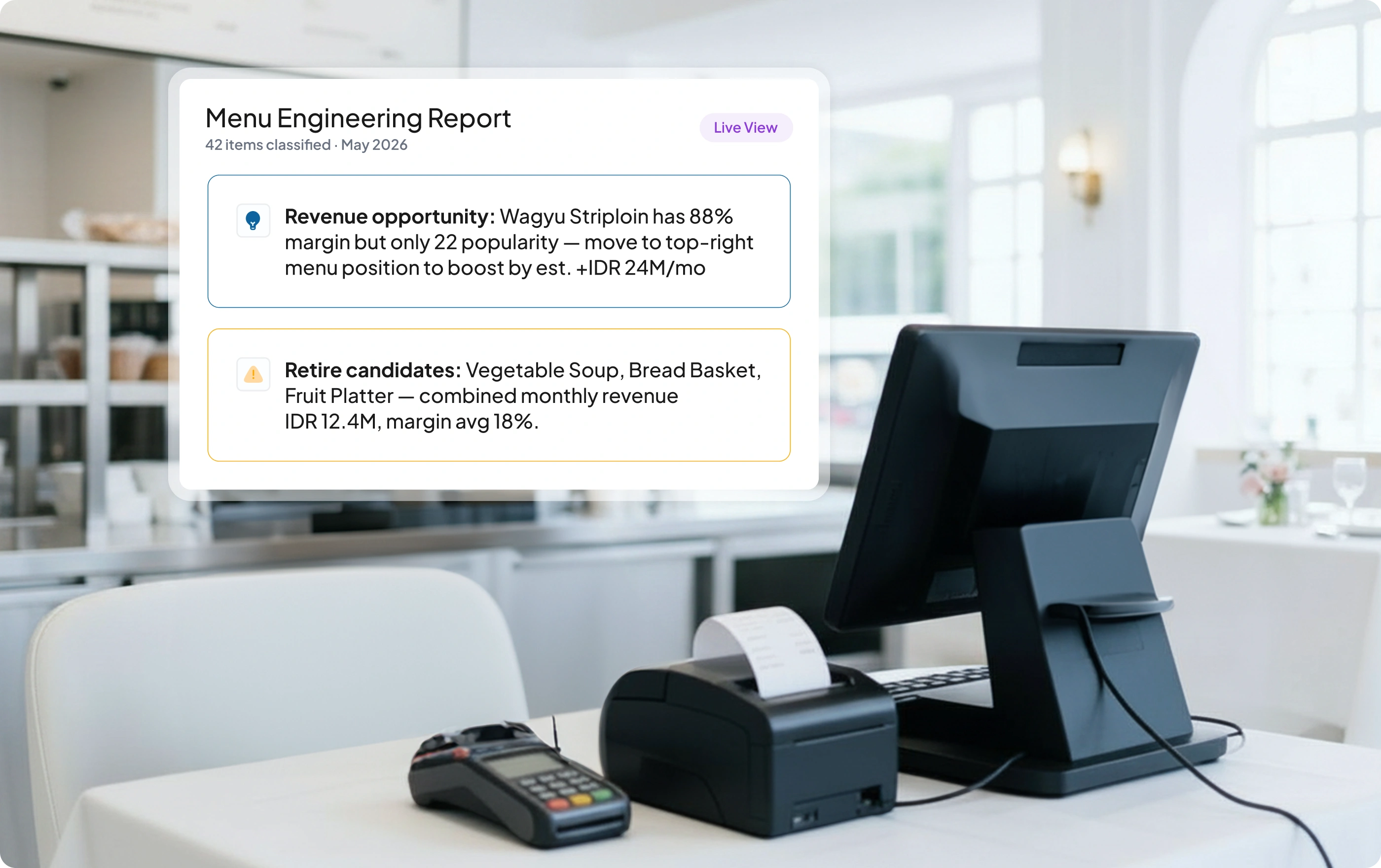 Tampilan modul Menu Engineering Report pada sistem pos f&b HashMicro
