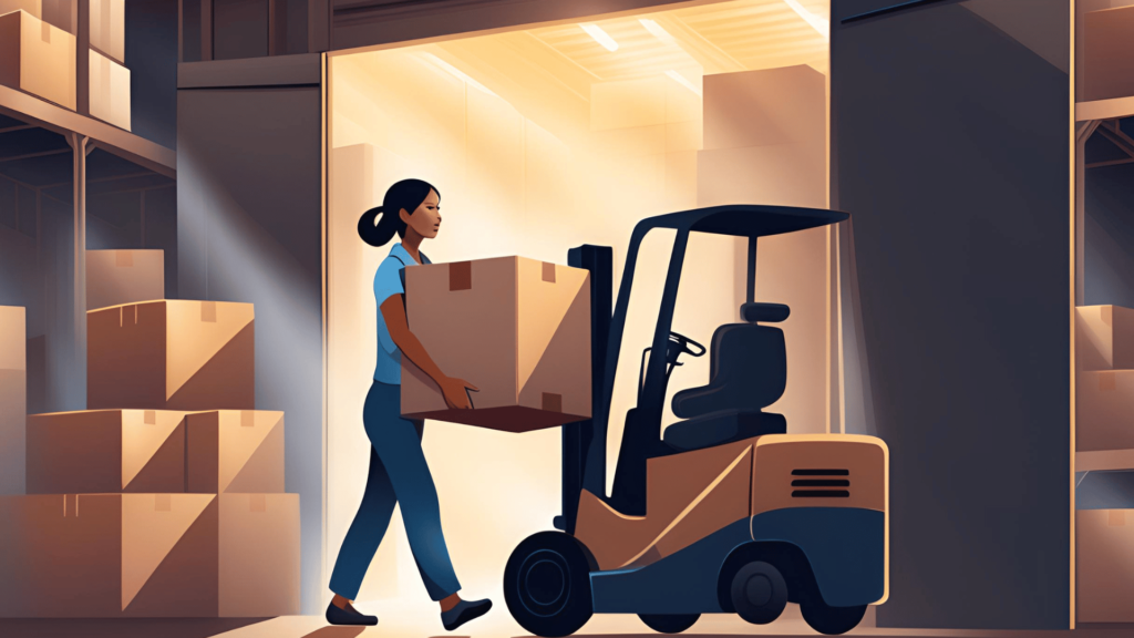 Filipino worker entering a warehouse door and sees forklift lifting boxes from afar