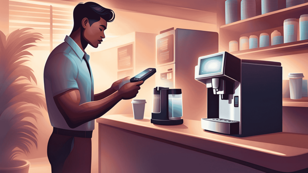 a office boy scanning the barcode of a coffee machine near the office pantry