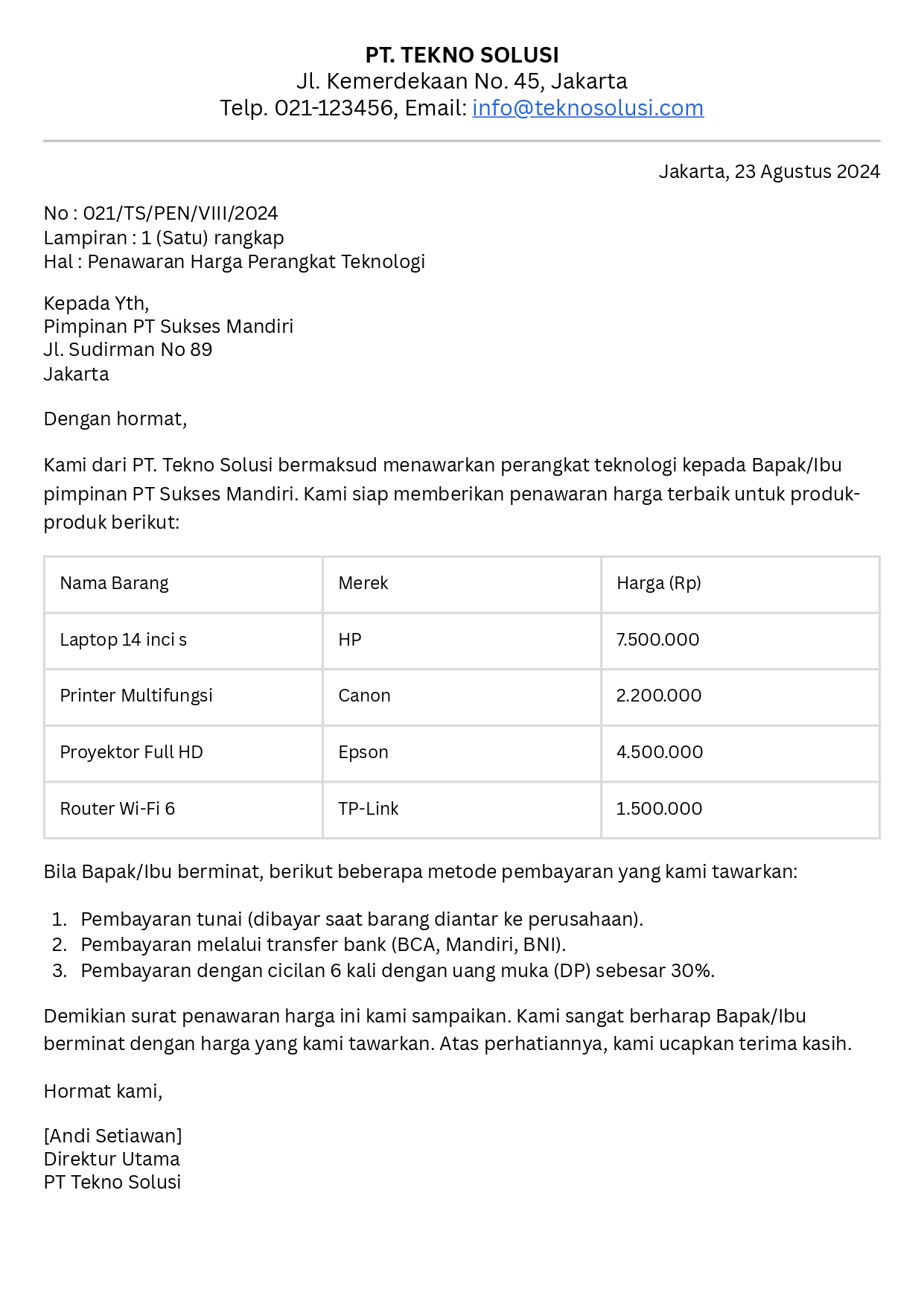 surat penawaran harga