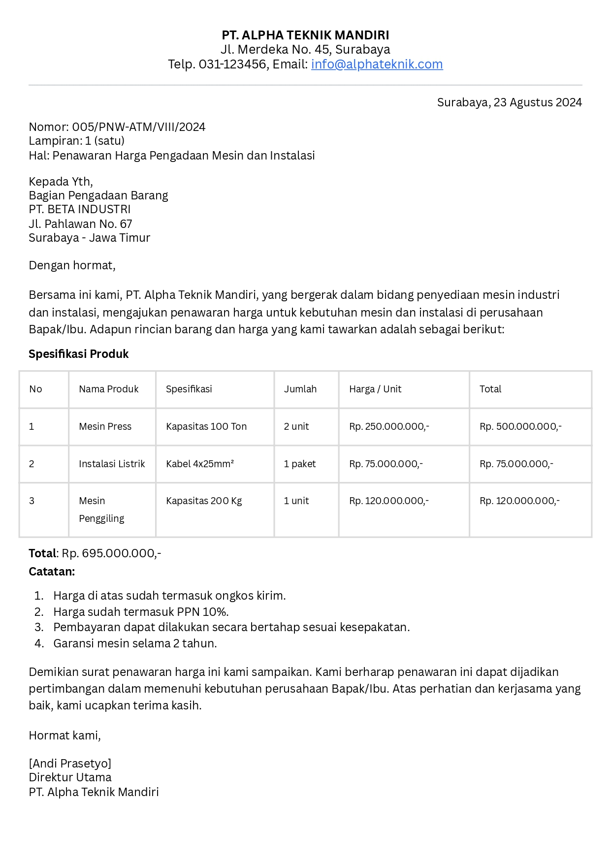 surat penawaran harga