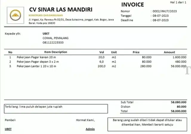 contoh project invoice