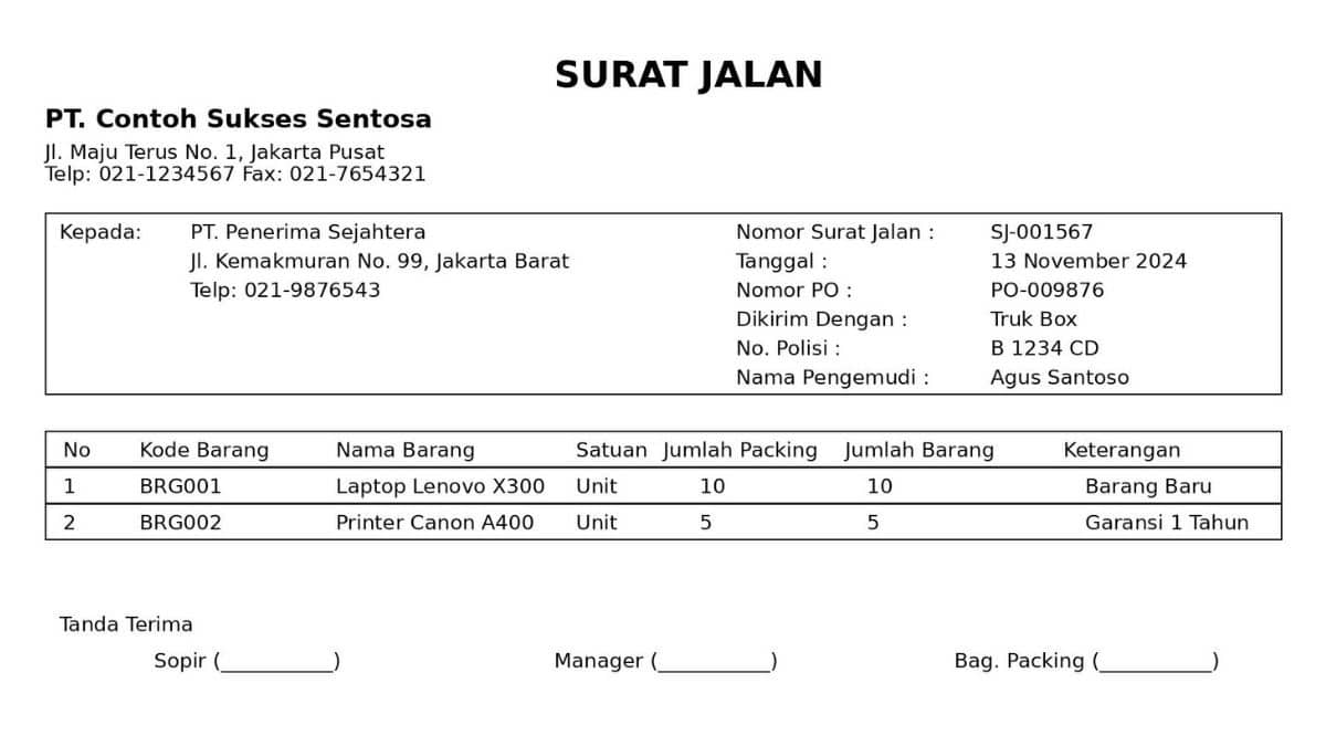 Contoh Surat Jalan Barang dan Template