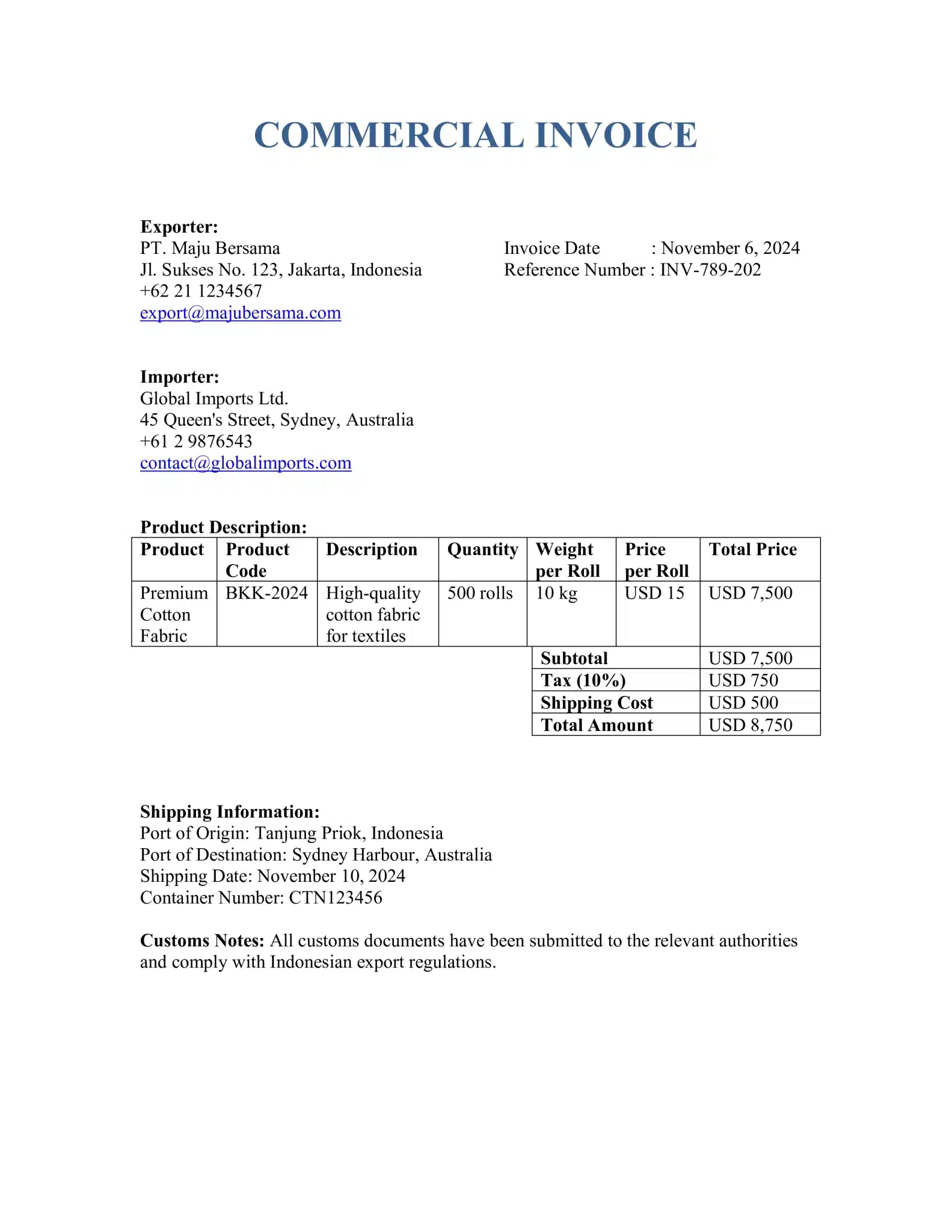 Contoh invoice komersial