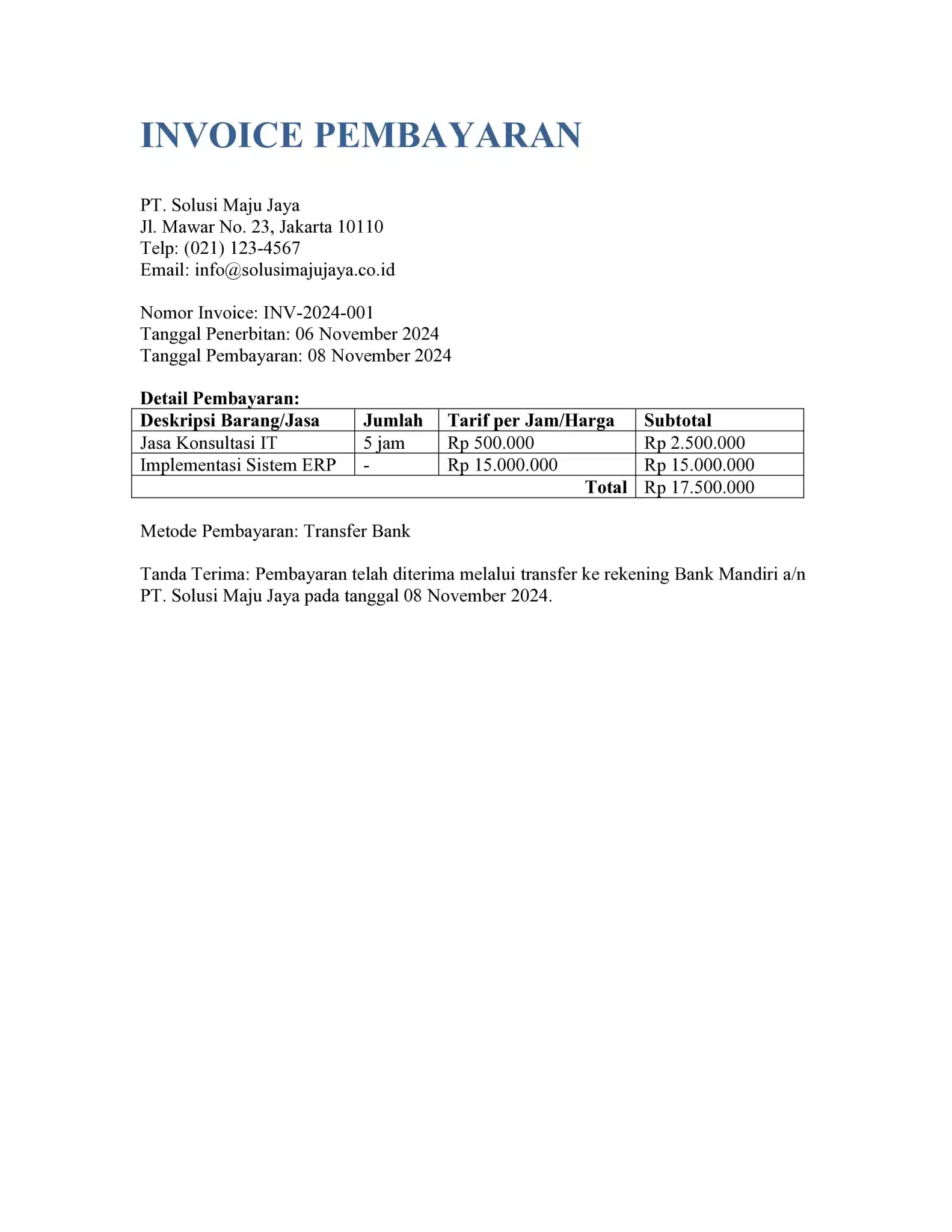 Contoh invoice pembayaran 