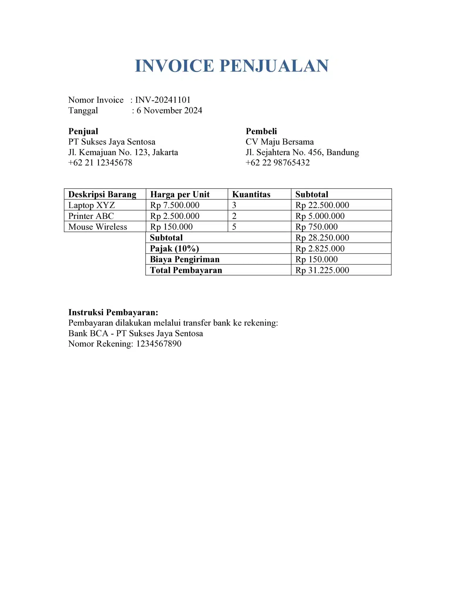 Contoh invoice penjualan