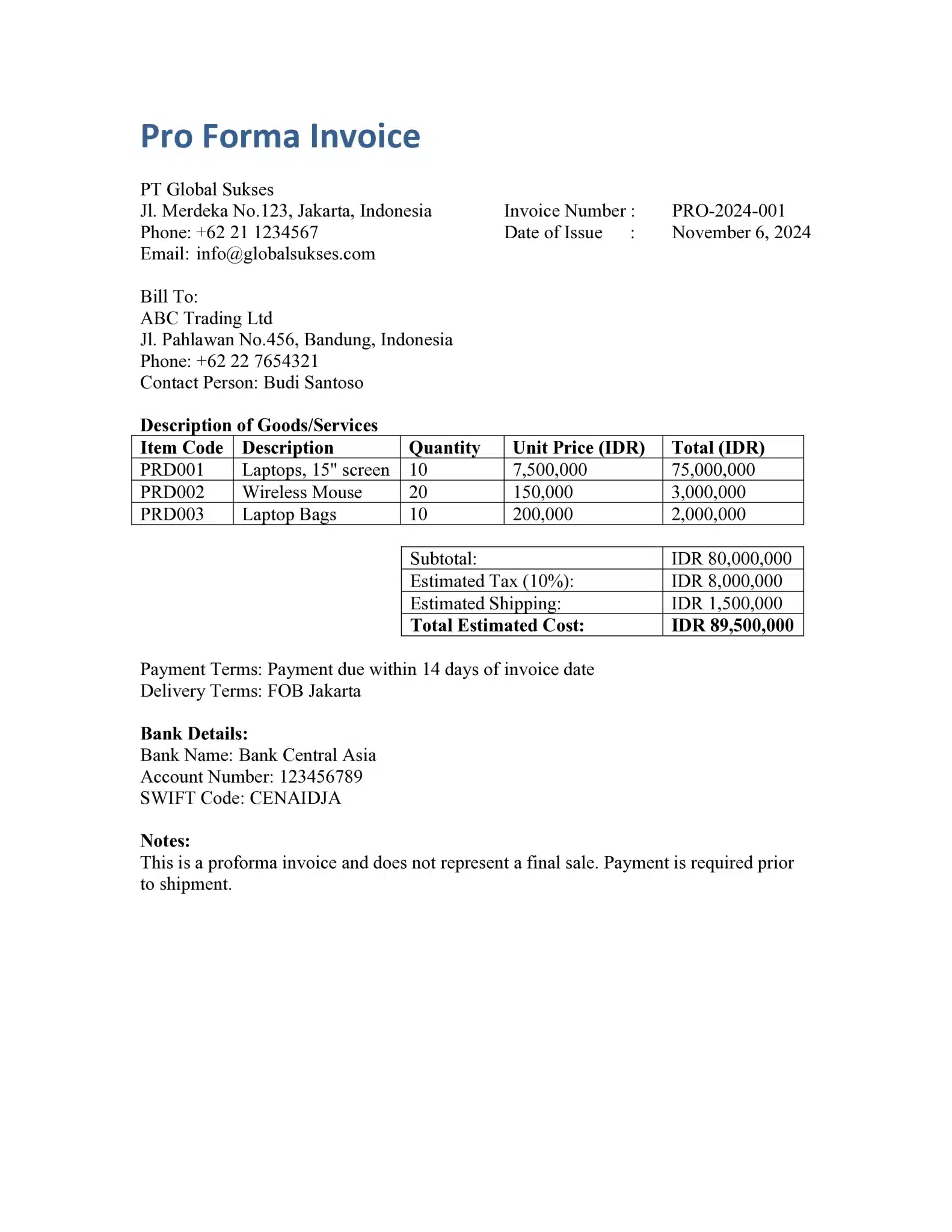 Contoh invoice proforma