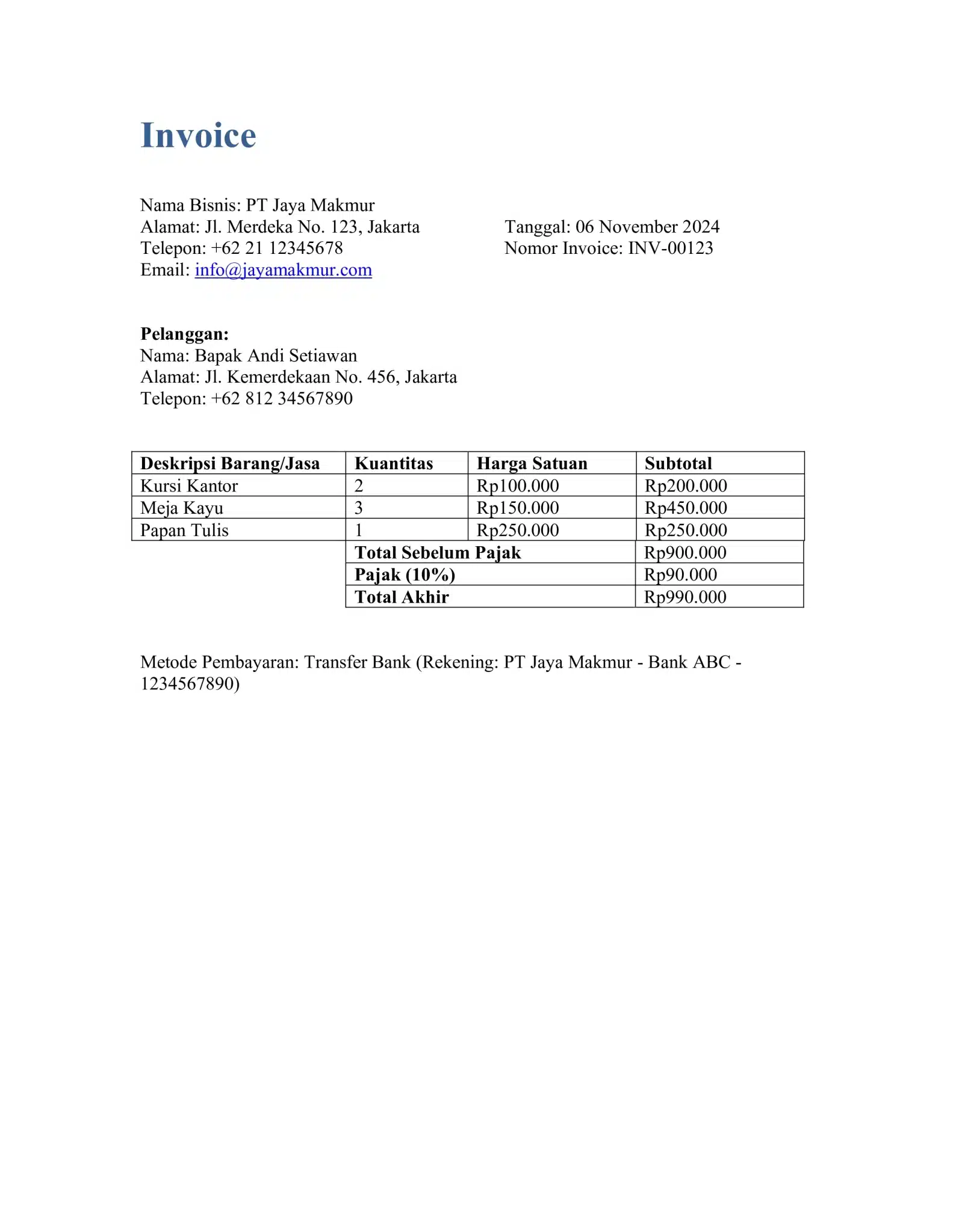 Contoh invoice sederhana