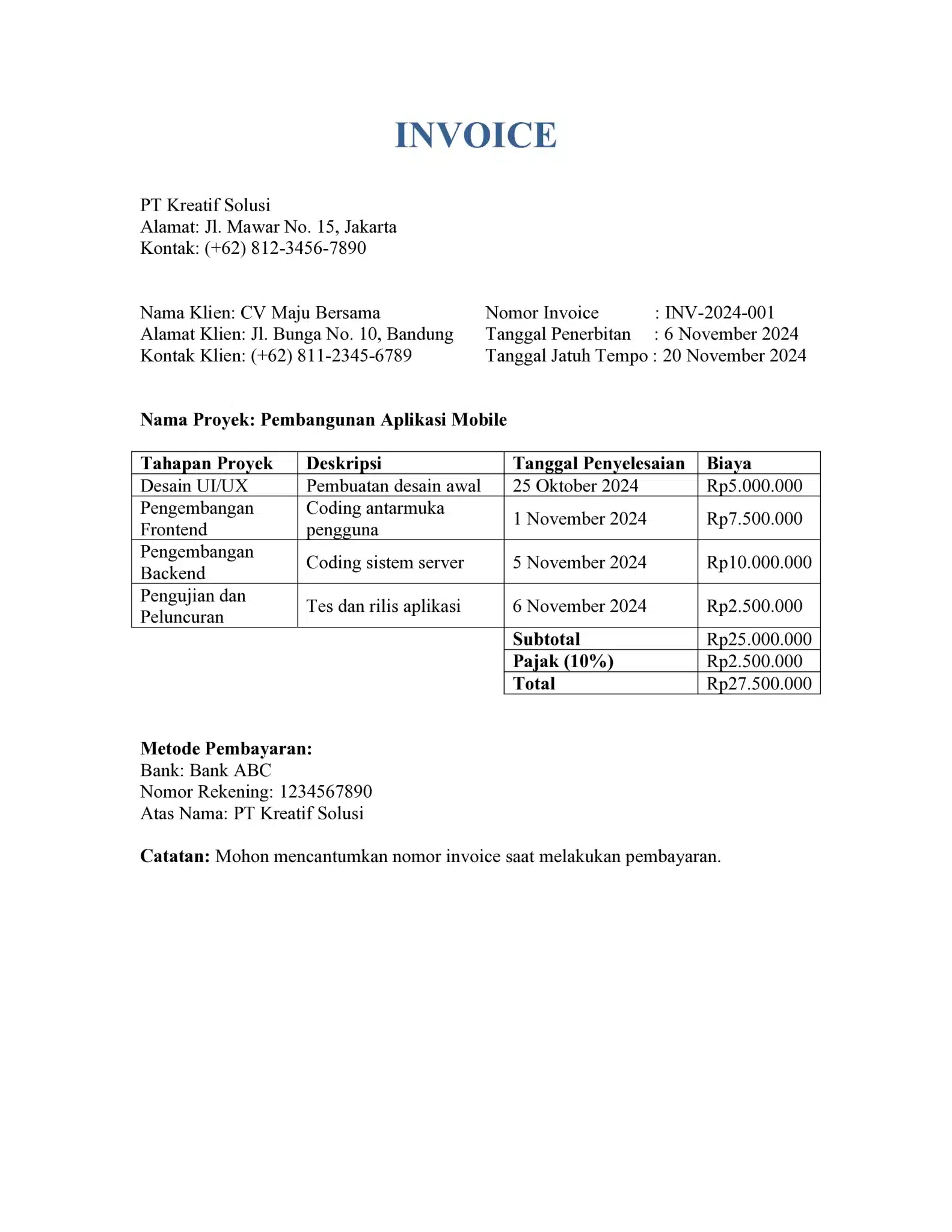 Contoh invoice tagihan jasa proyek