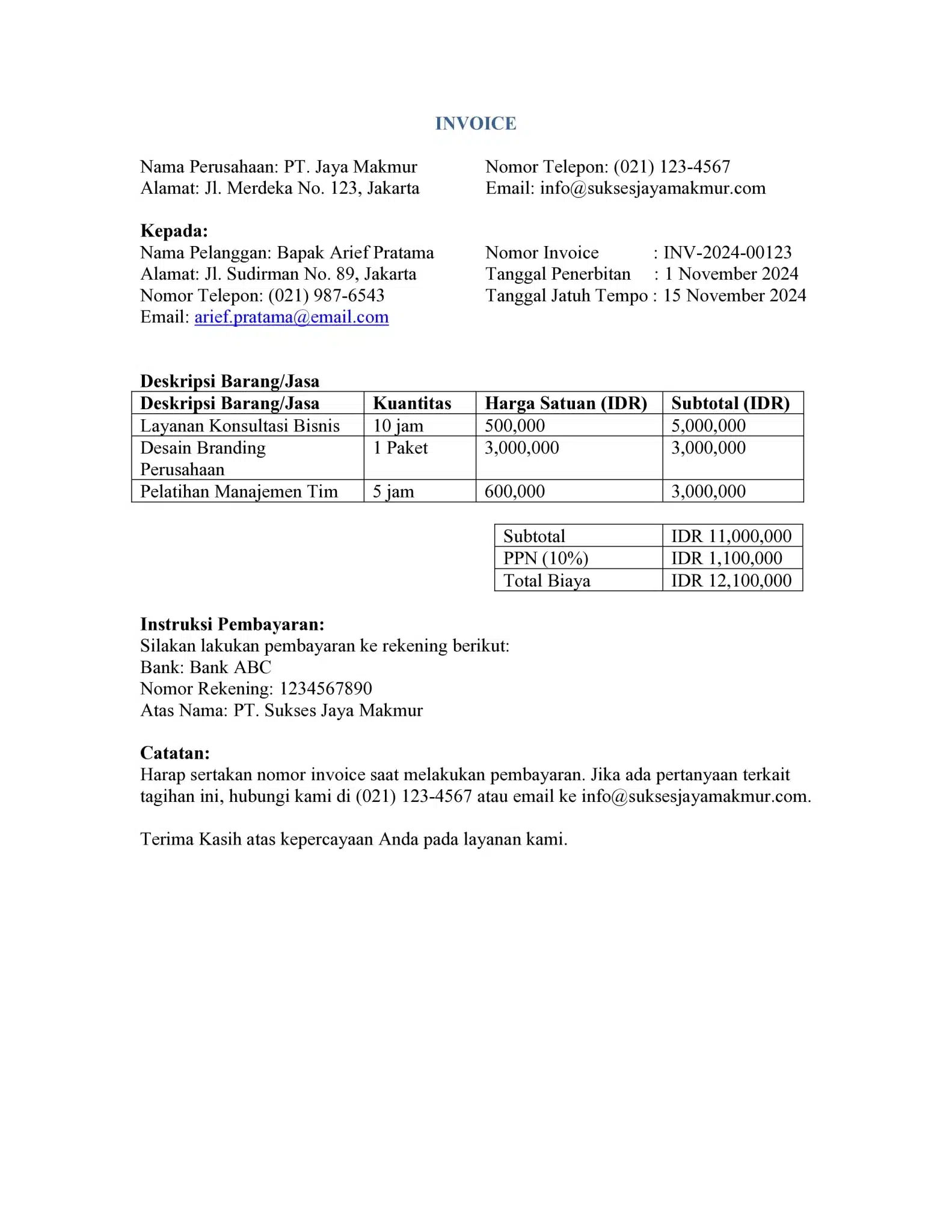 Contoh invoice tagihan