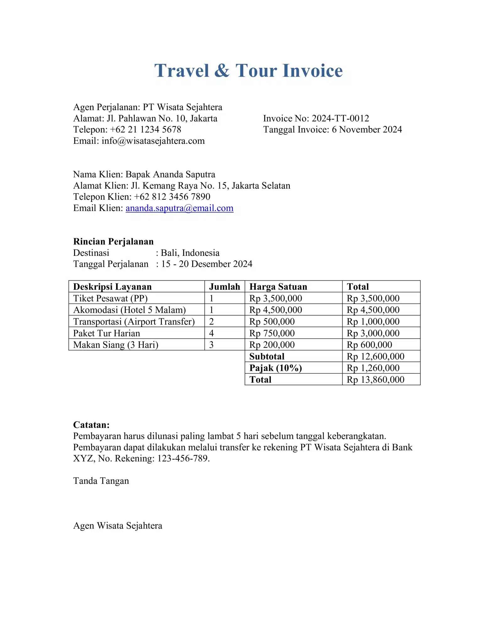 Contoh invoice tour and travel