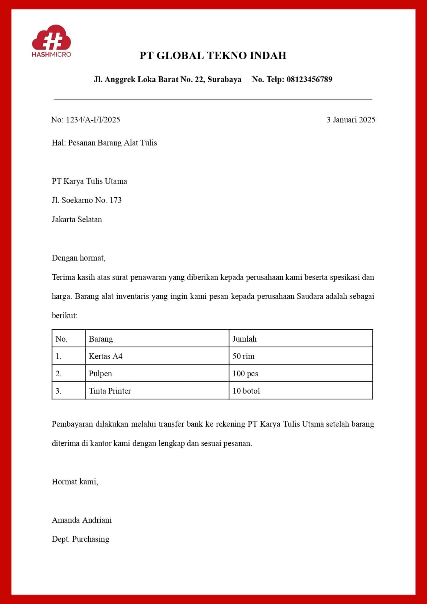 Surat pemesanan alat tulis kantor