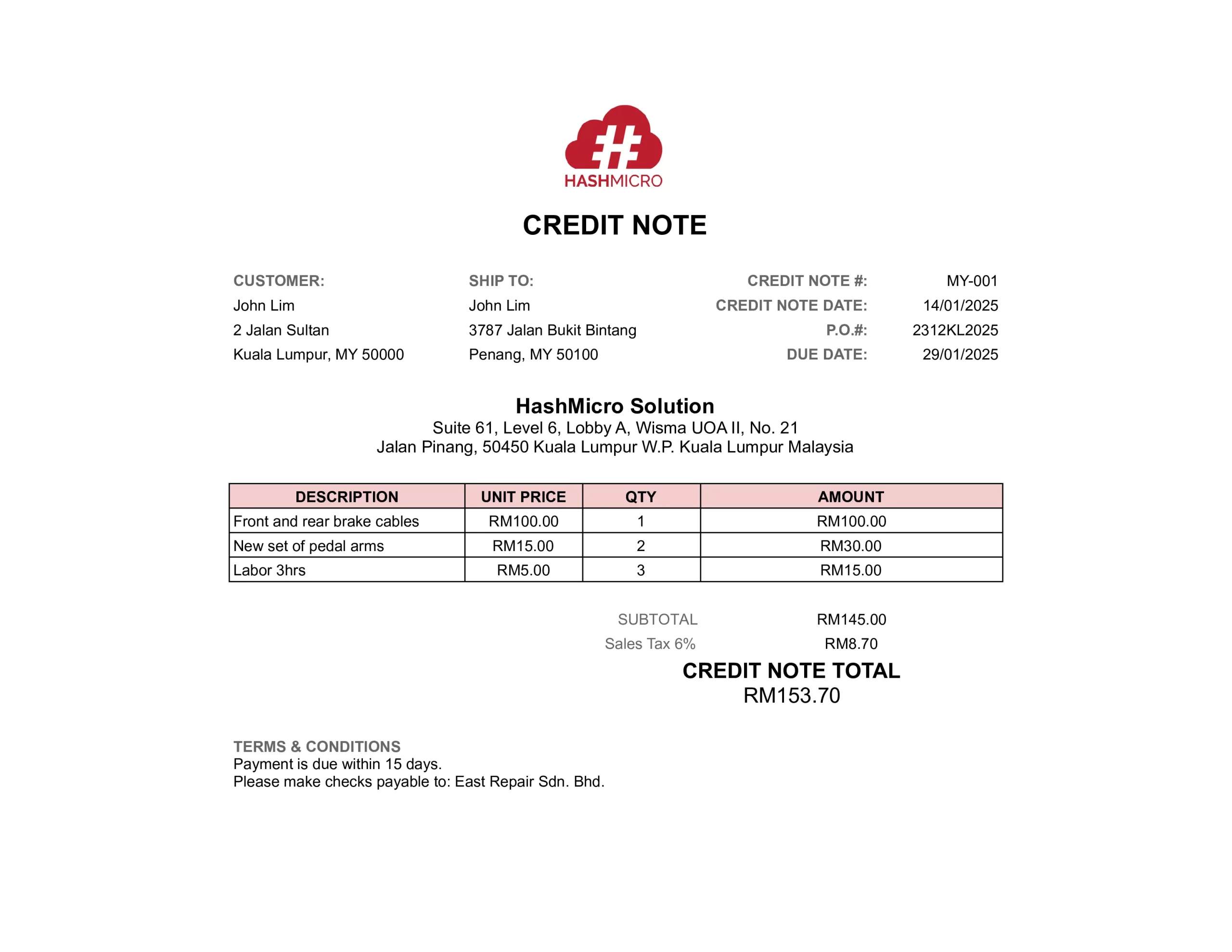 credit note template