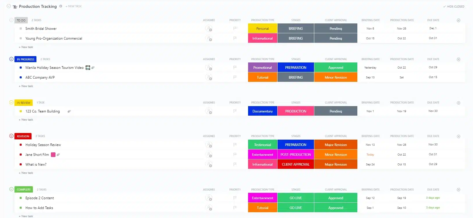 Production Tracking Clickup