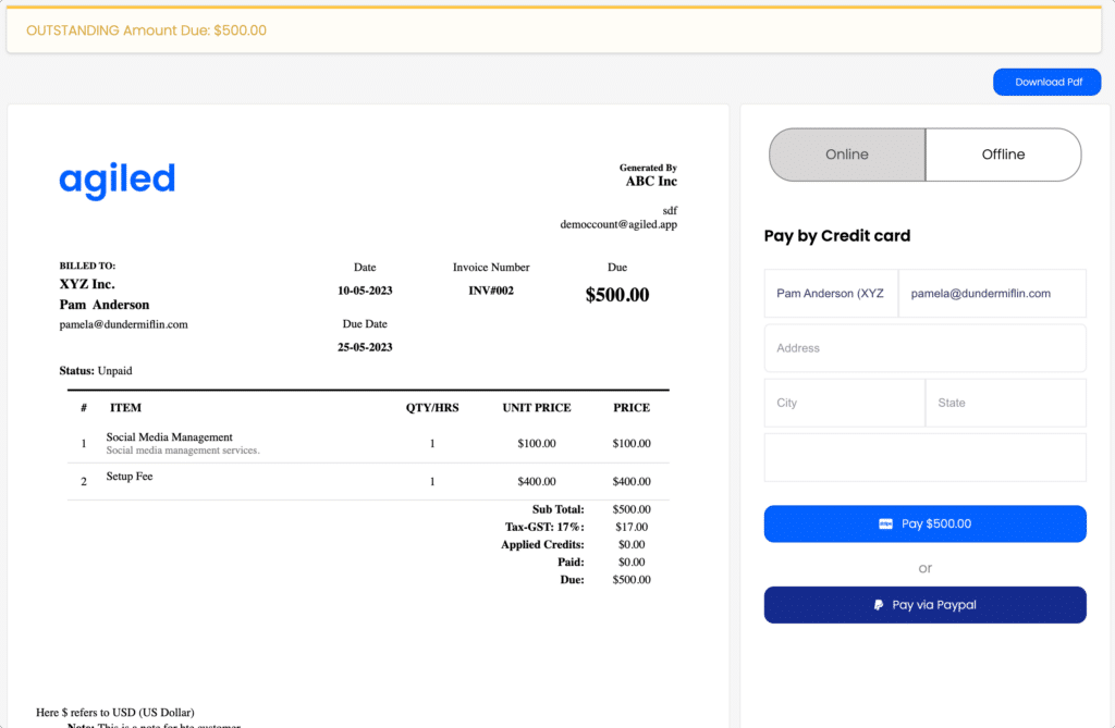 agiled invoicing management system