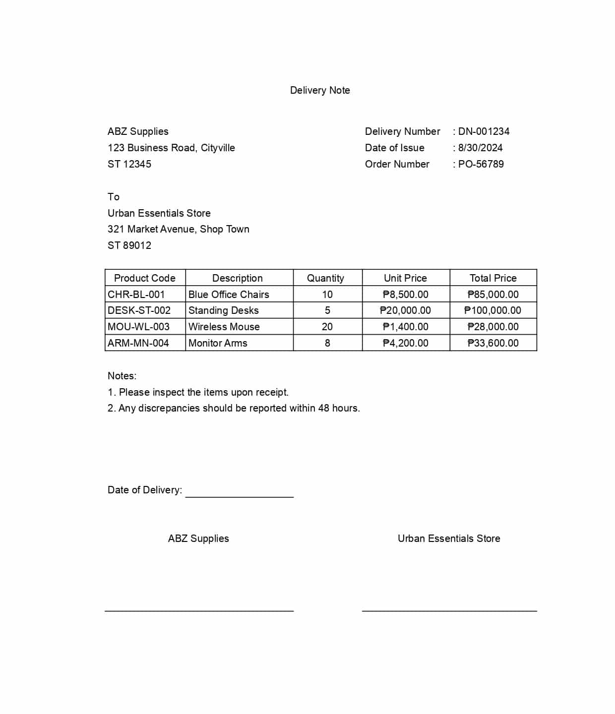 Components of Delivery Note