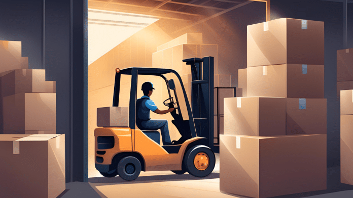 Filipino worker entering a warehouse door and sees forklift lifting boxes from afar