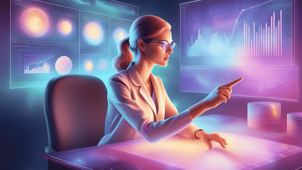 sheet of accounting data with hologram of diagram where there is a accountant in scientist glass choosing a number with index finger