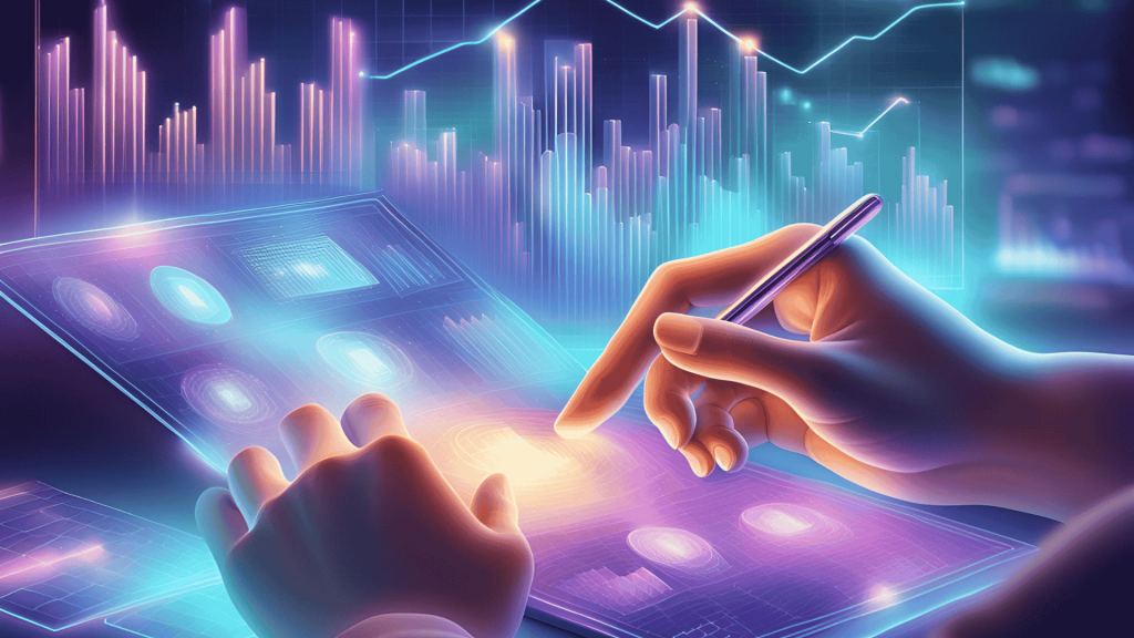 a hand calculating data statistics hologram