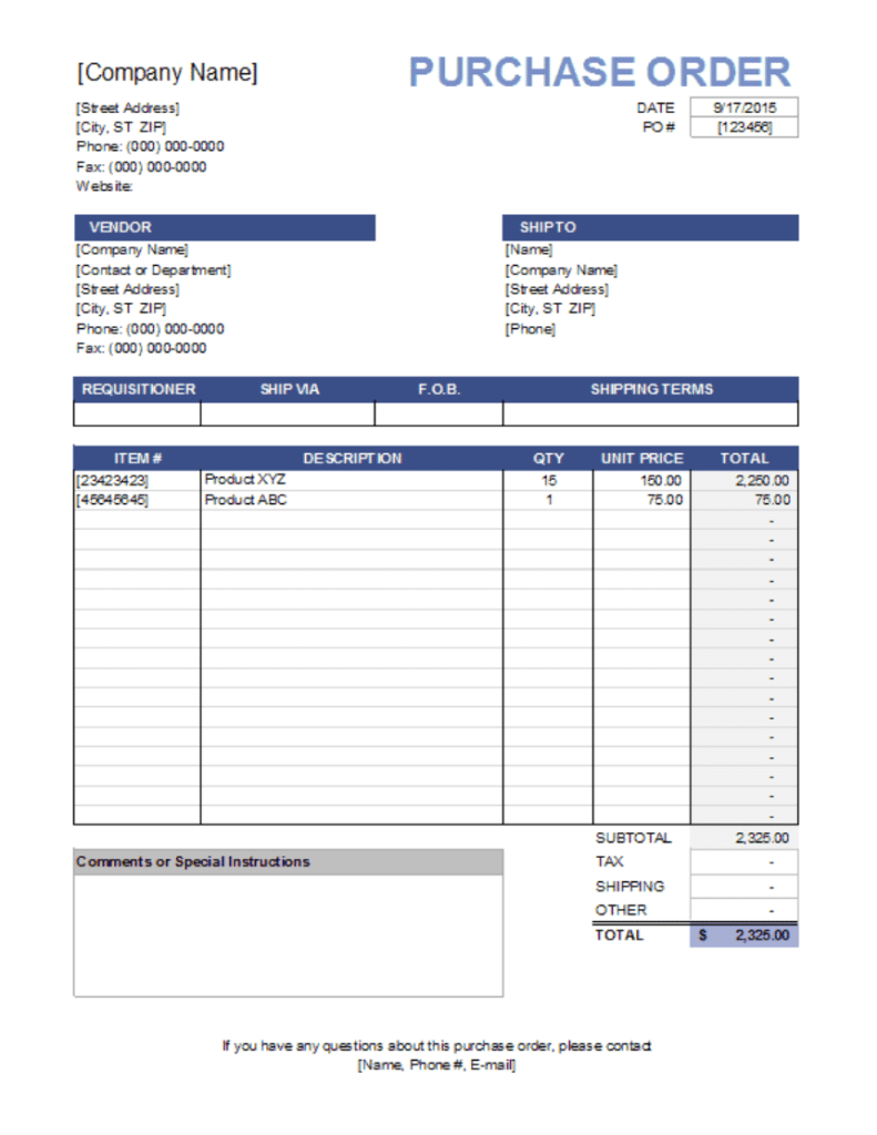 Purchase Order Sheet