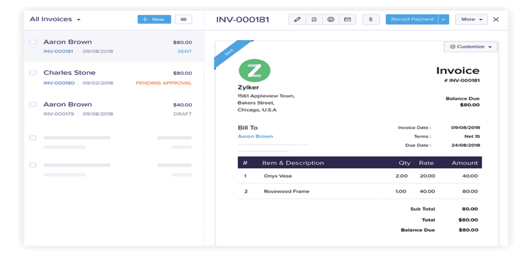 Zoho Books invoice software