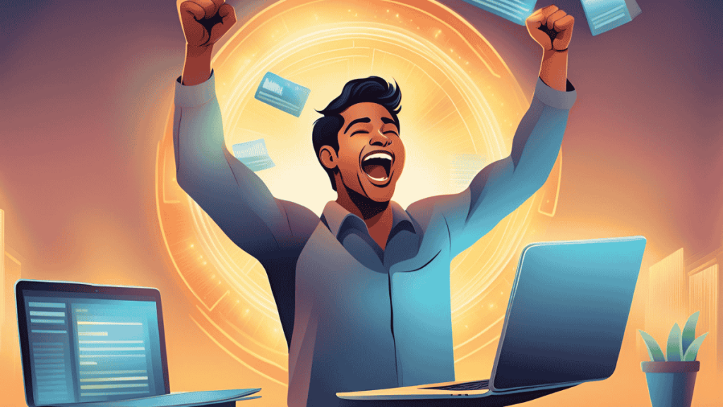 a worker jumping happily with fist in the air while holding a laptop which shows good financial report