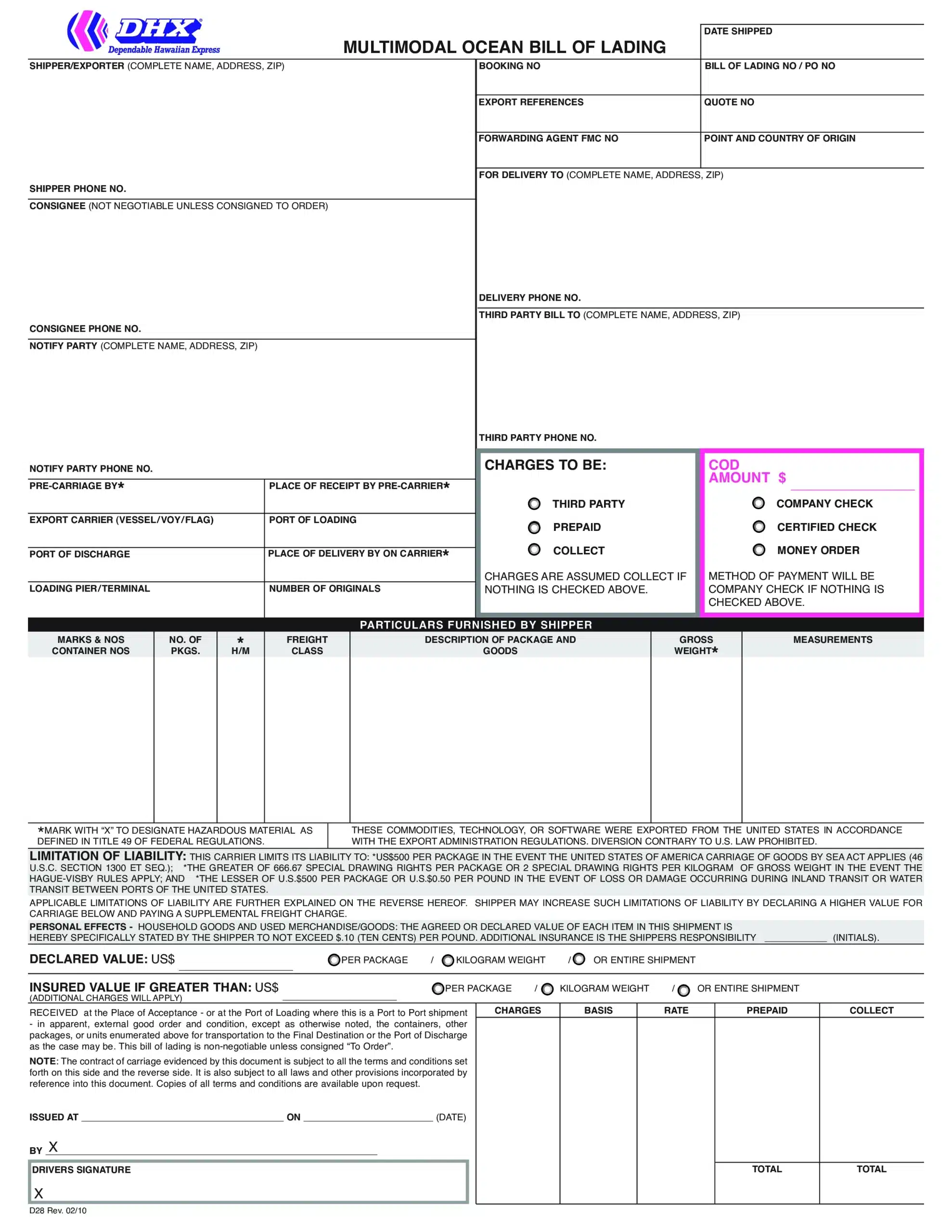 Ocean Bill of Lading Template by Dependable Hawaiian Express