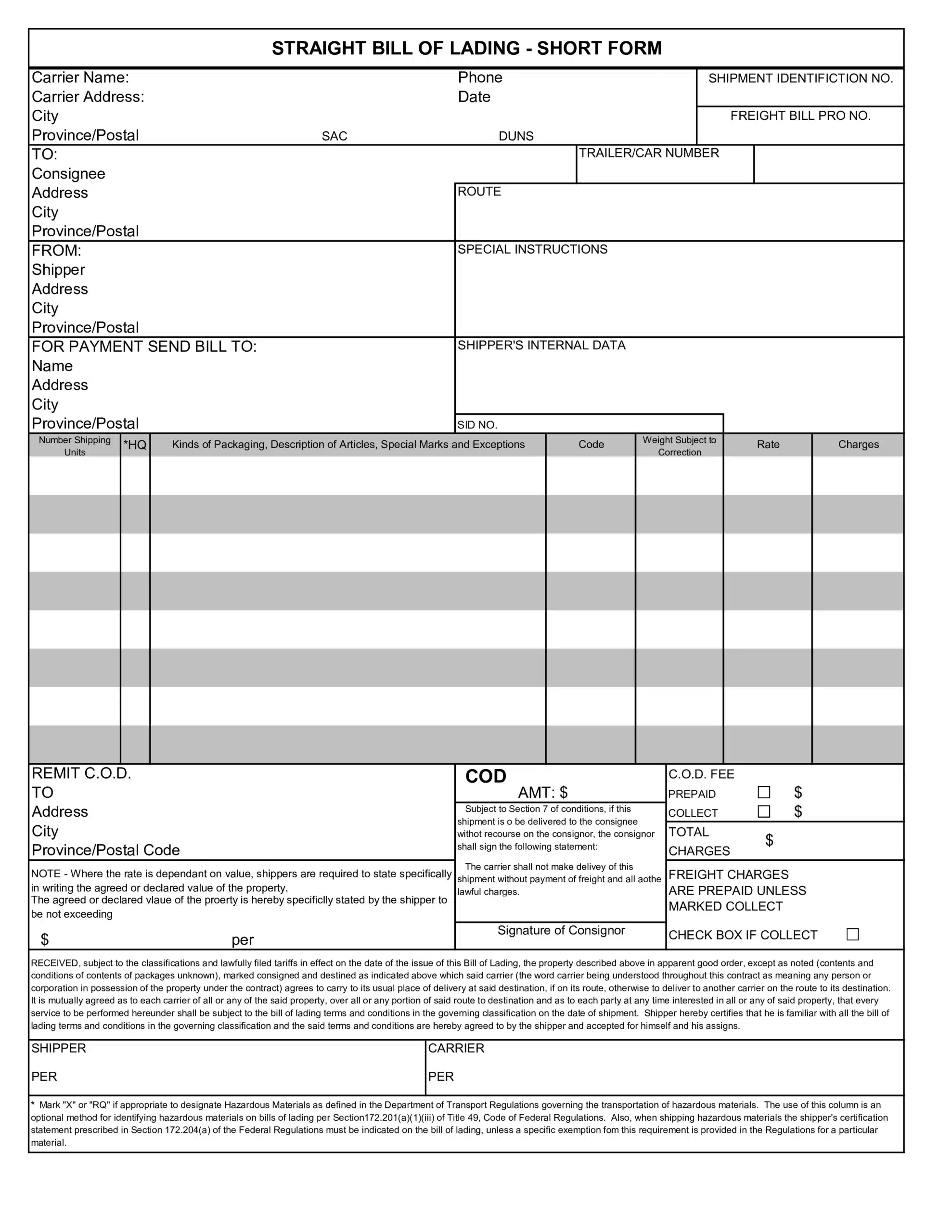 Straight Bill of Lading Short Form Template