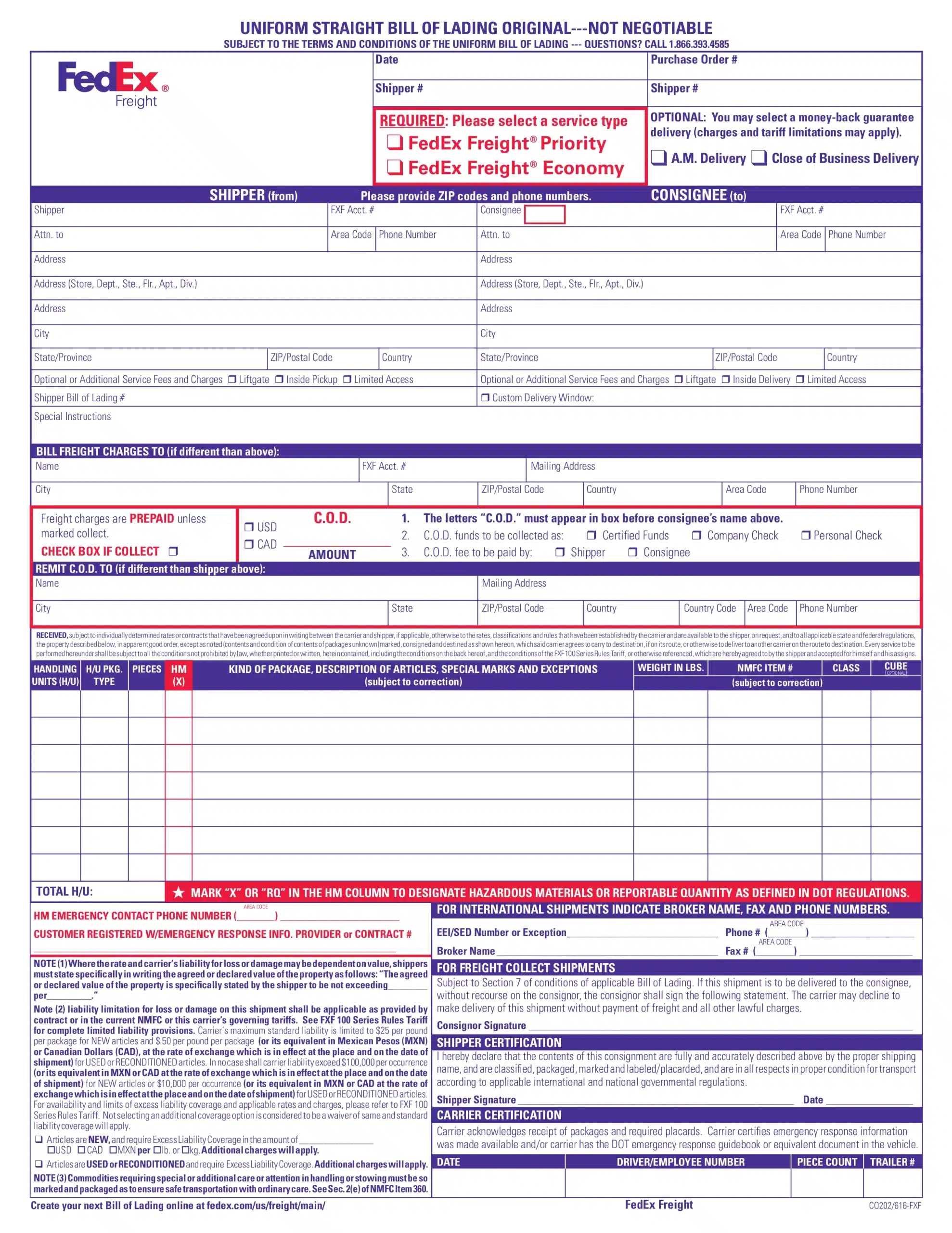 Straight Bill of Lading Template by FedEx Freight