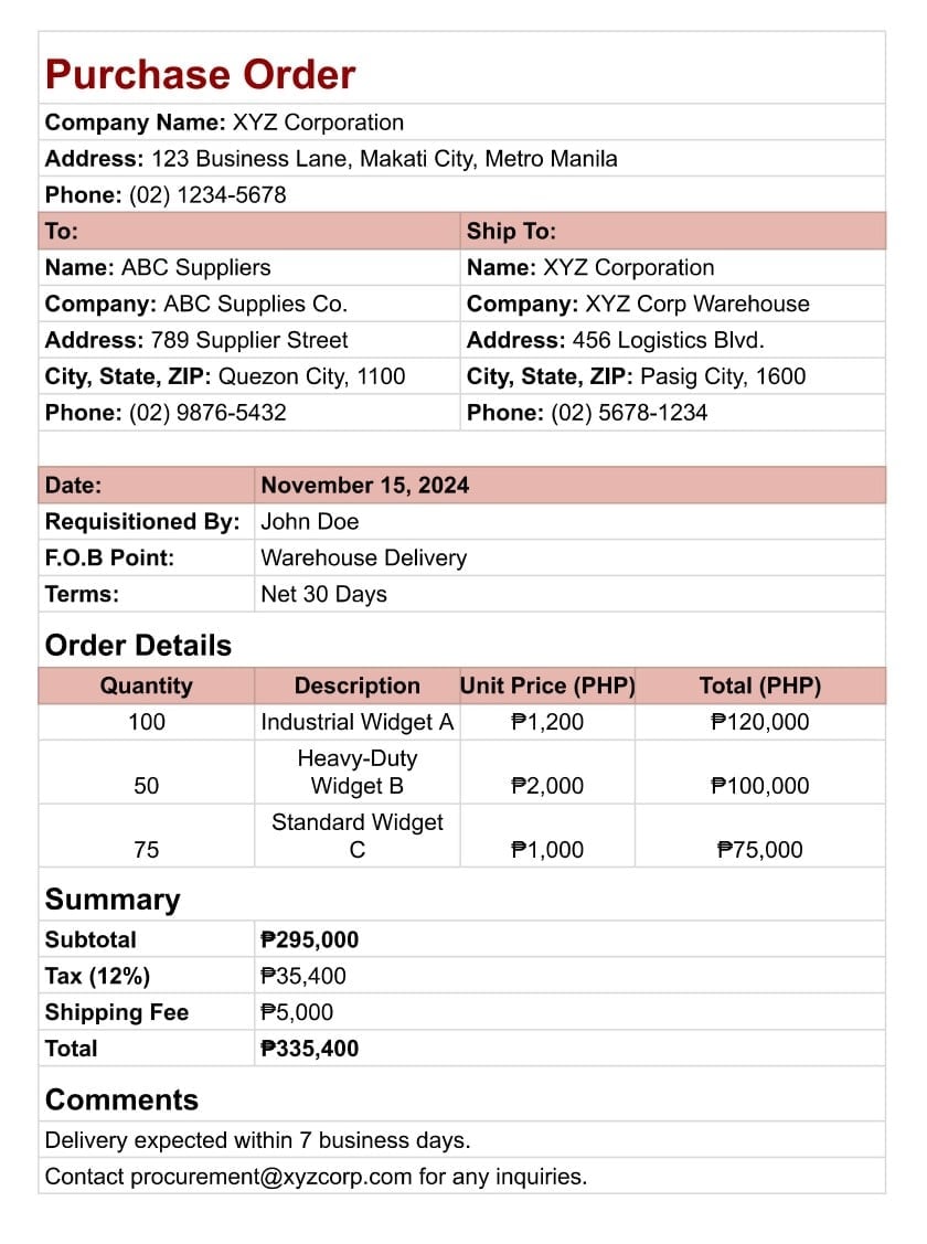 purchase order form