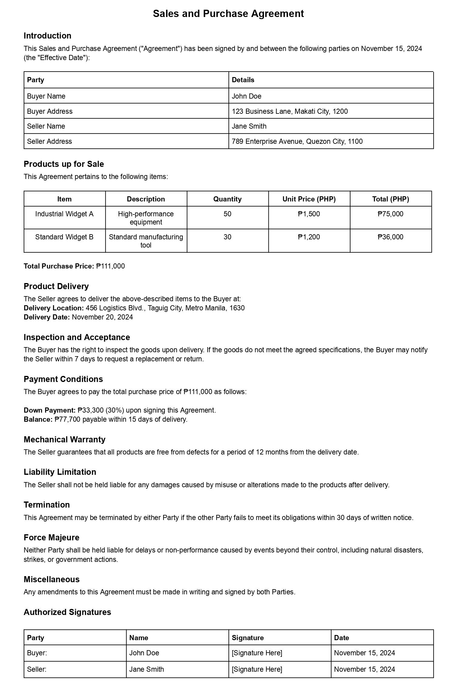 purchase order sample