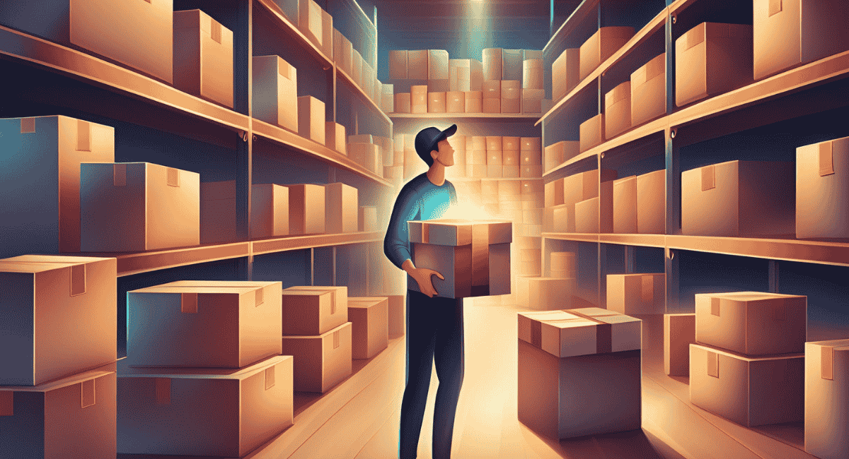 a man holding a box inside a warehouse, rethinking his life path about inventory replenishment