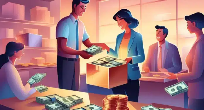 several people standing before boxes of money, calculating take home pay together