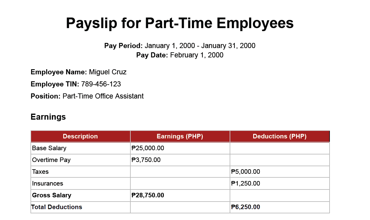 part time employee payslip example