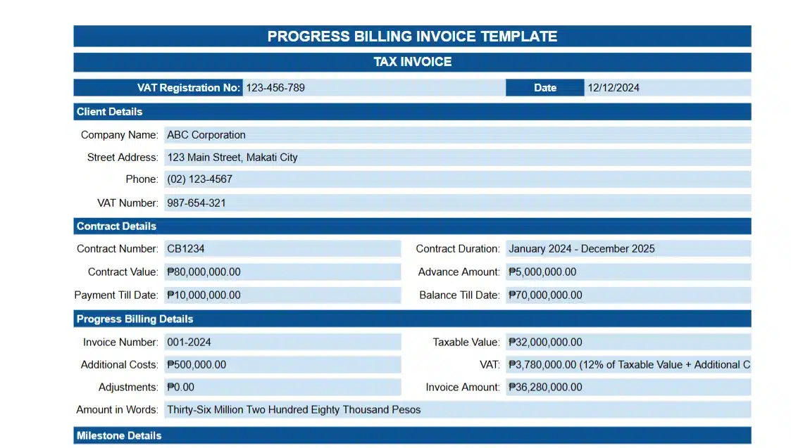 progress billing sample template